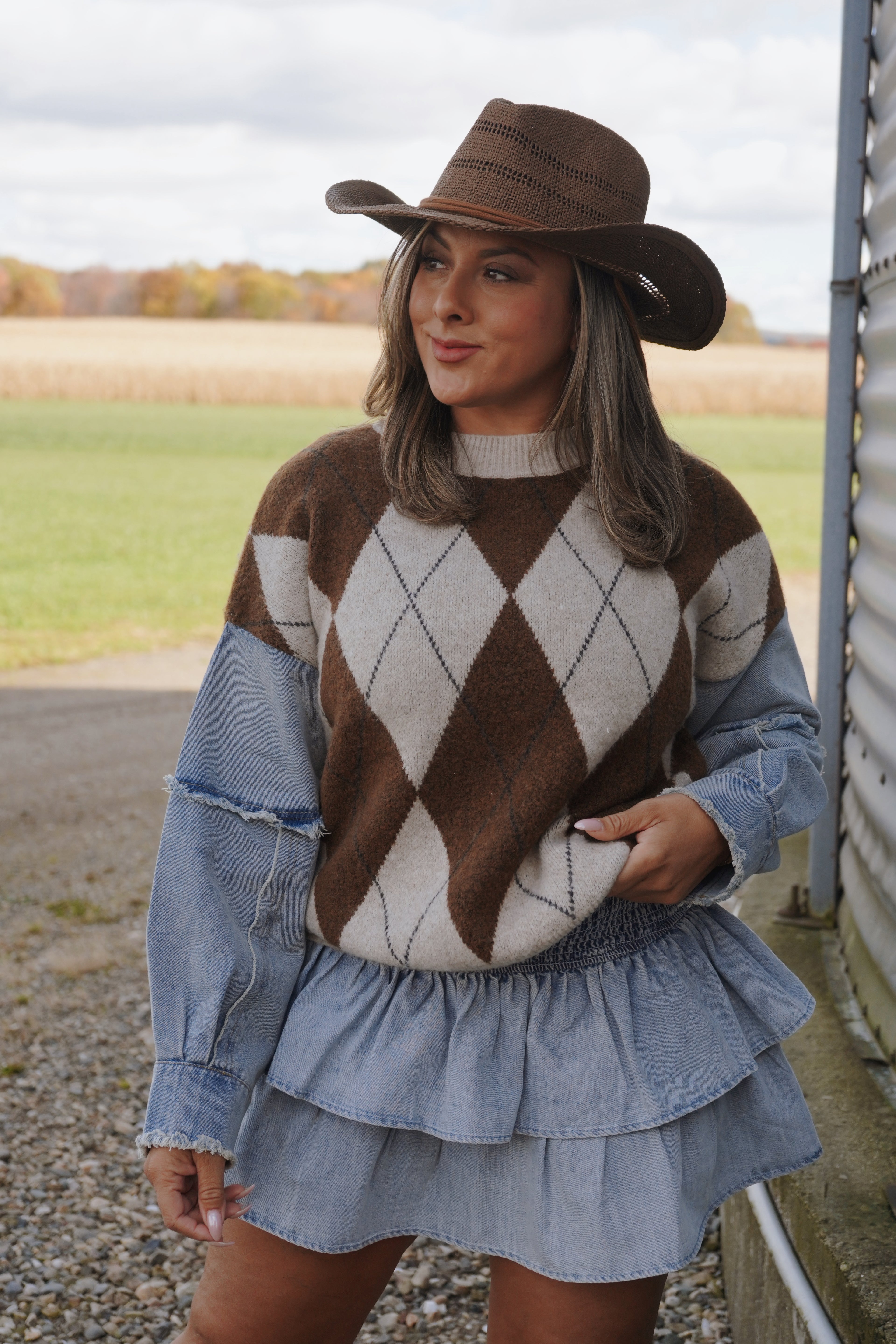 Distressed Denim Sleeve Sweater
