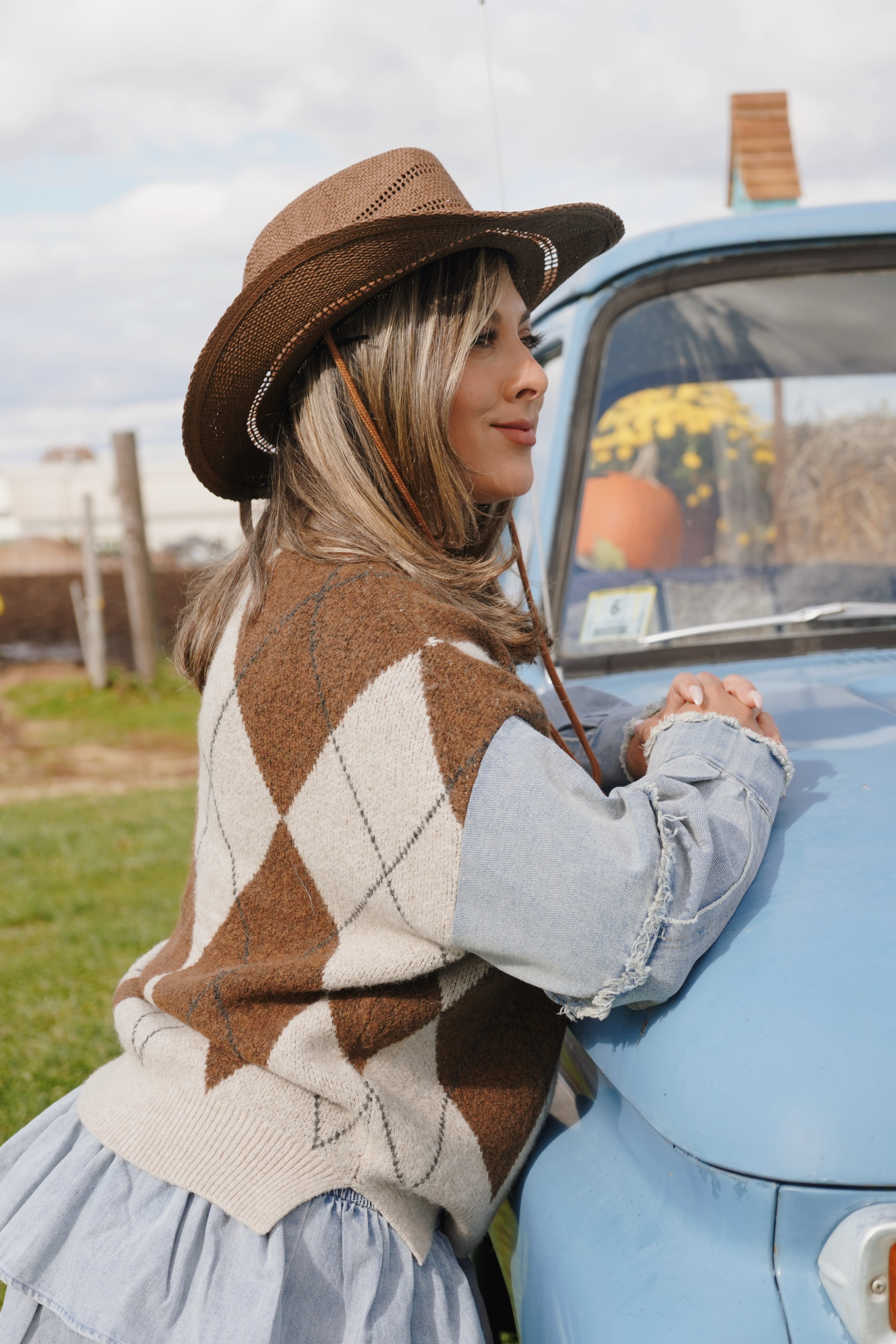 Distressed Denim Sleeve Sweater