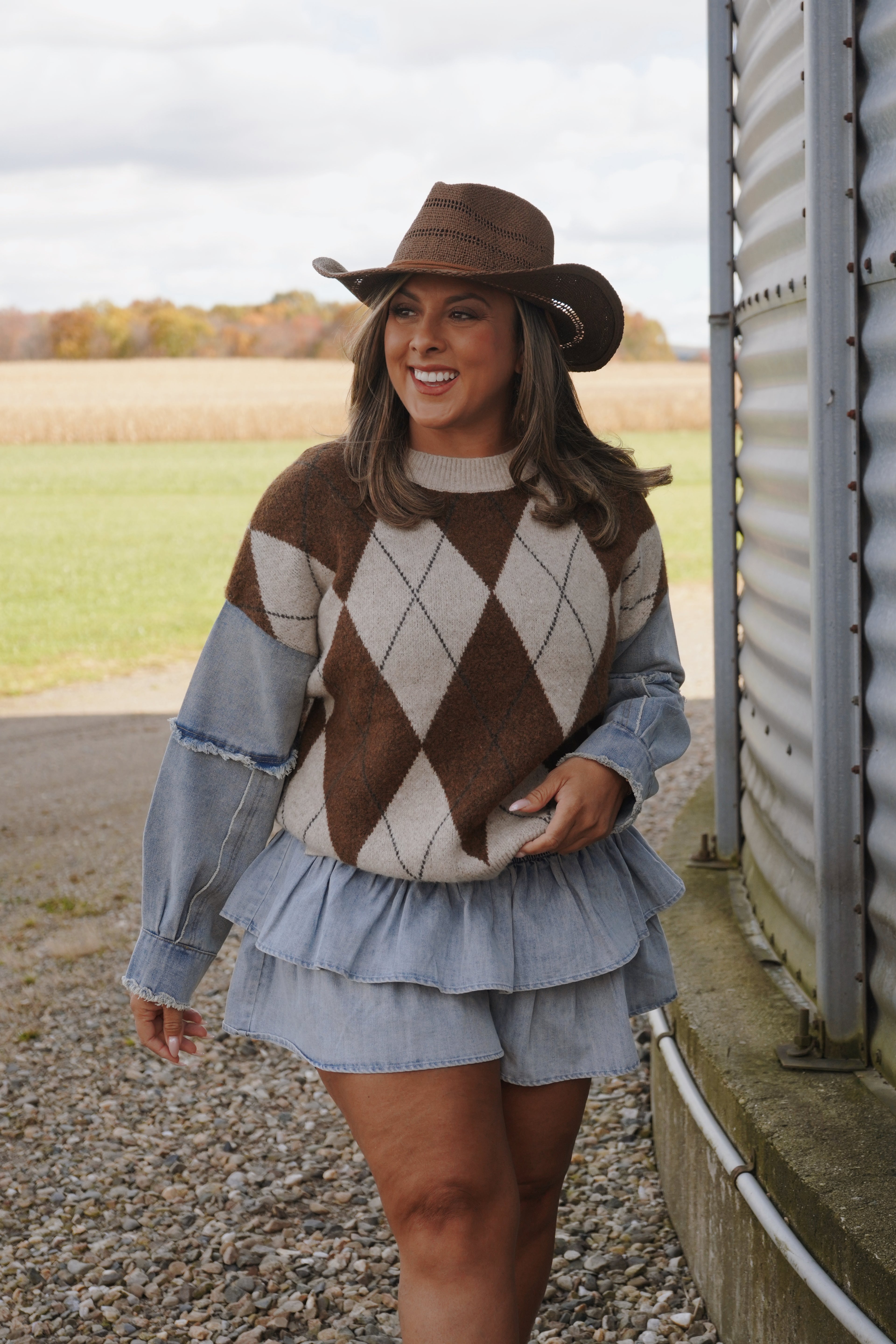 Distressed Denim Sleeve Sweater