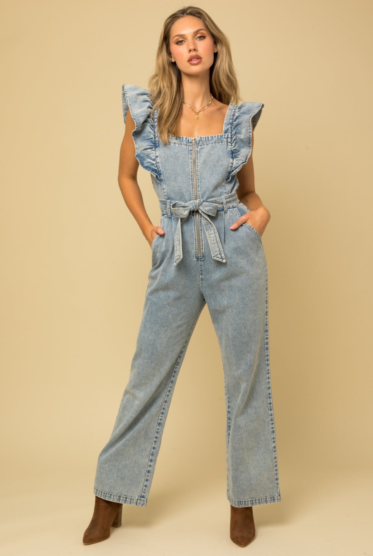 Ruffled Front Zipper Romper