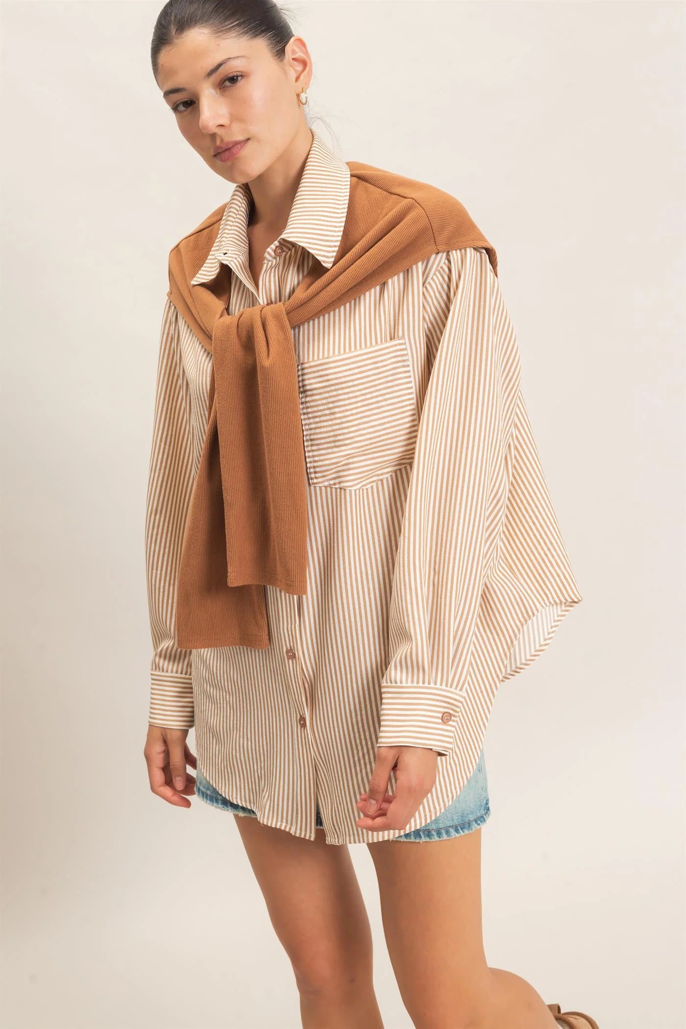 Stripped Camel Button down