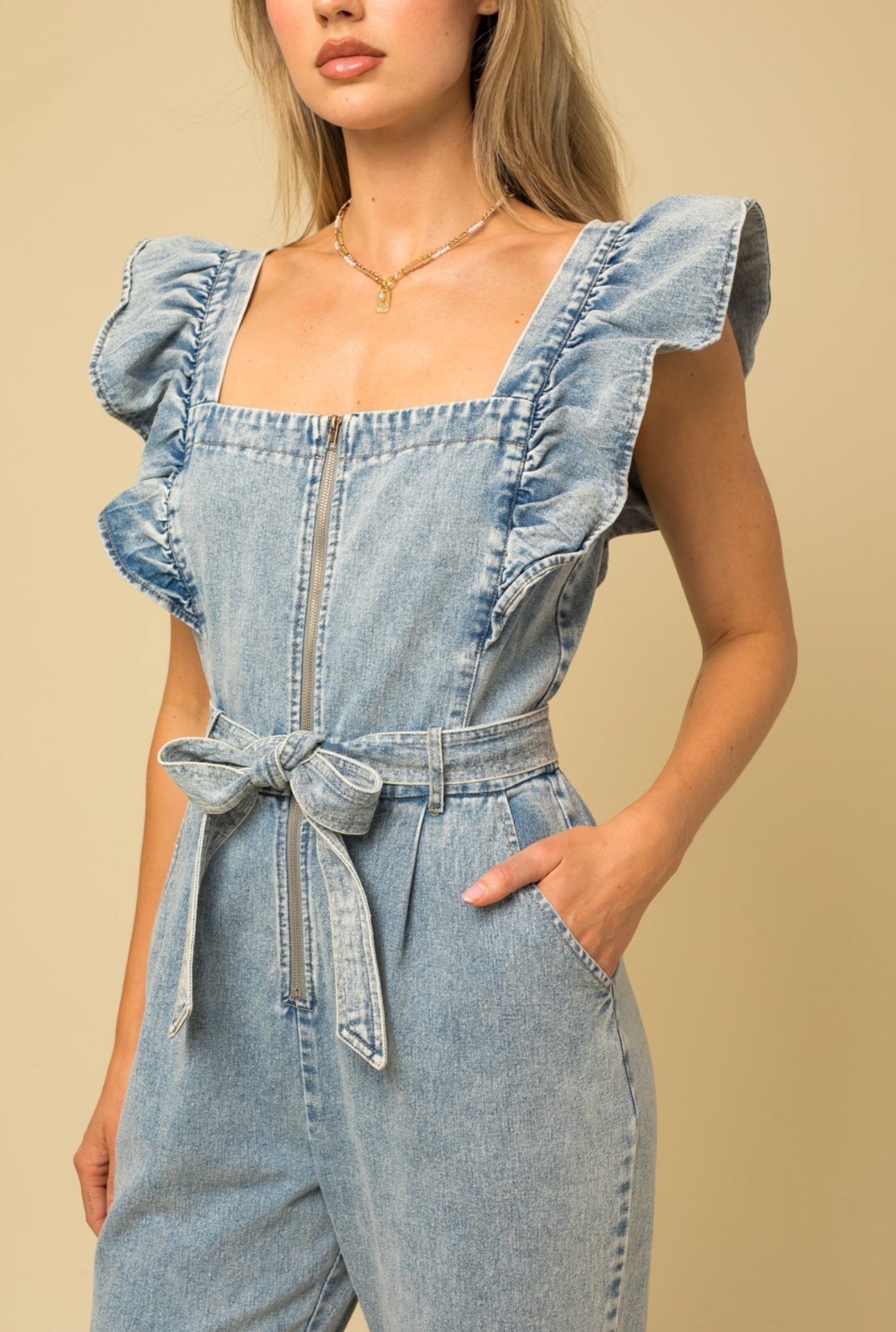 Ruffled Front Zipper Romper