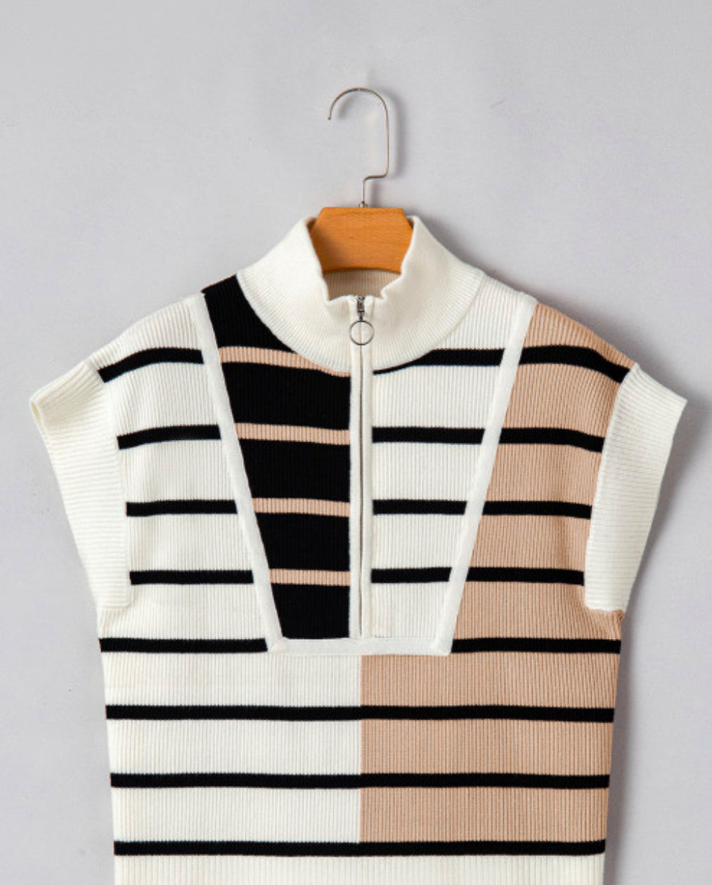 Black Stripe Colorblock Quarter Zip Collar Sweater