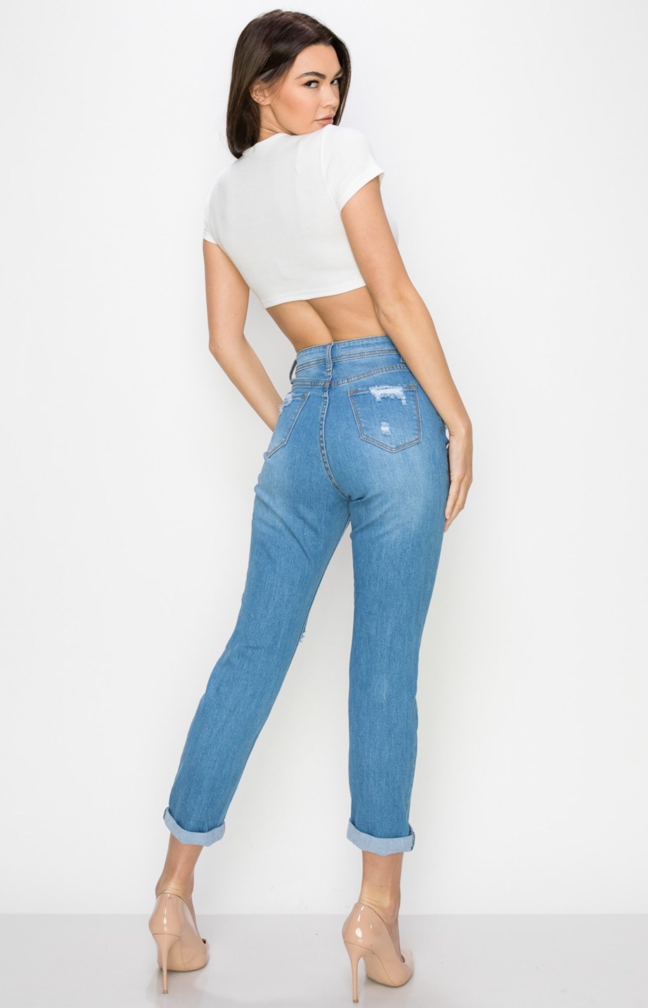High waisted distressed mom jeans