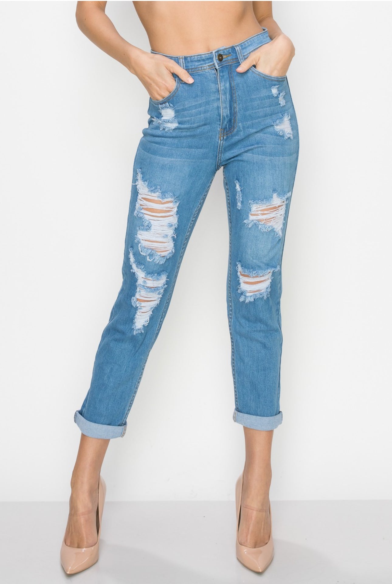High waisted distressed mom jeans