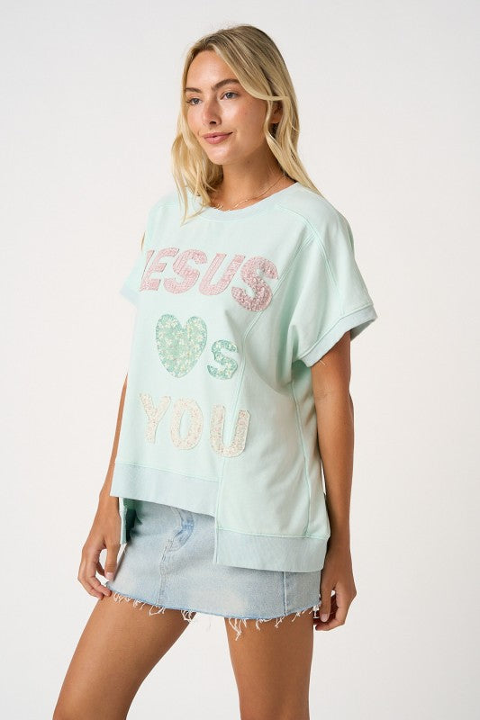 Jesus Loves You Patchwork Oversized Top