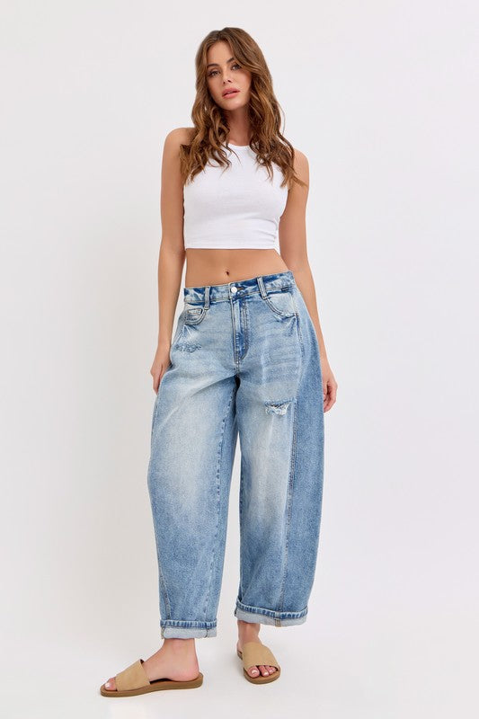 Distressed Barrel Jean With Side Panels