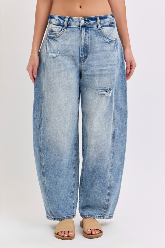 Distressed Barrel Jean With Side Panels