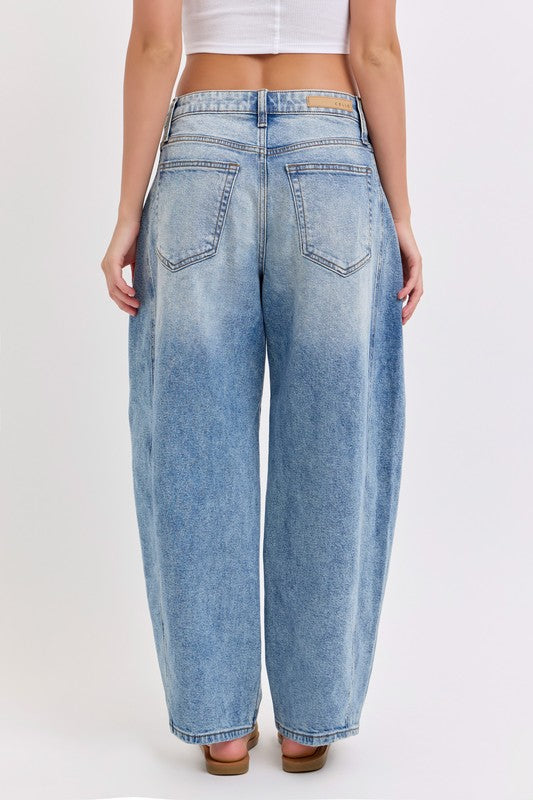 Distressed Barrel Jean With Side Panels