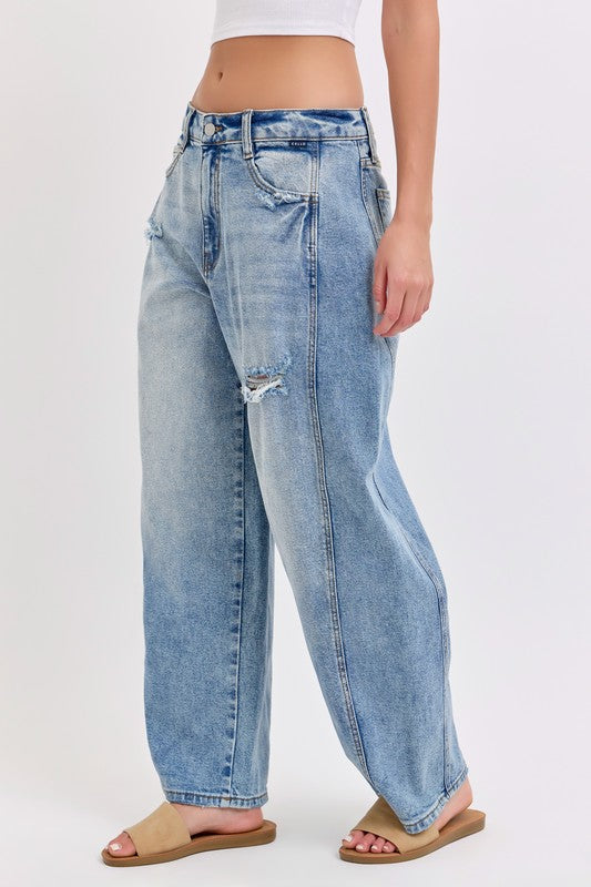 Distressed Barrel Jean With Side Panels