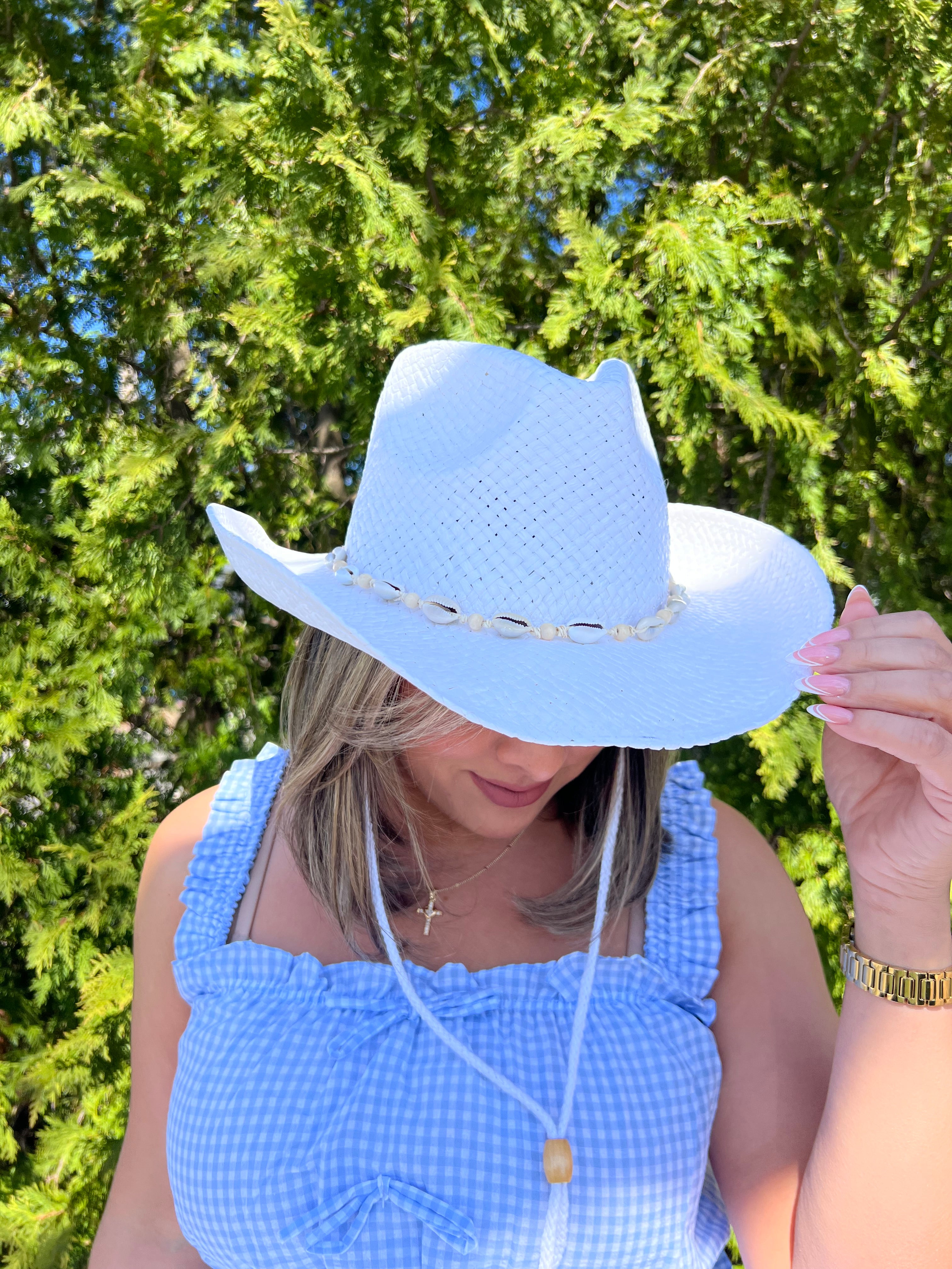 White Cowgirl Hat with Seashells