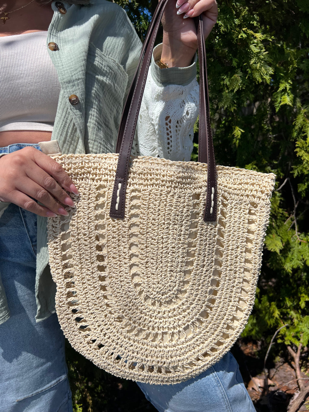 Light Beige Shoulder Bag with Brown Strap