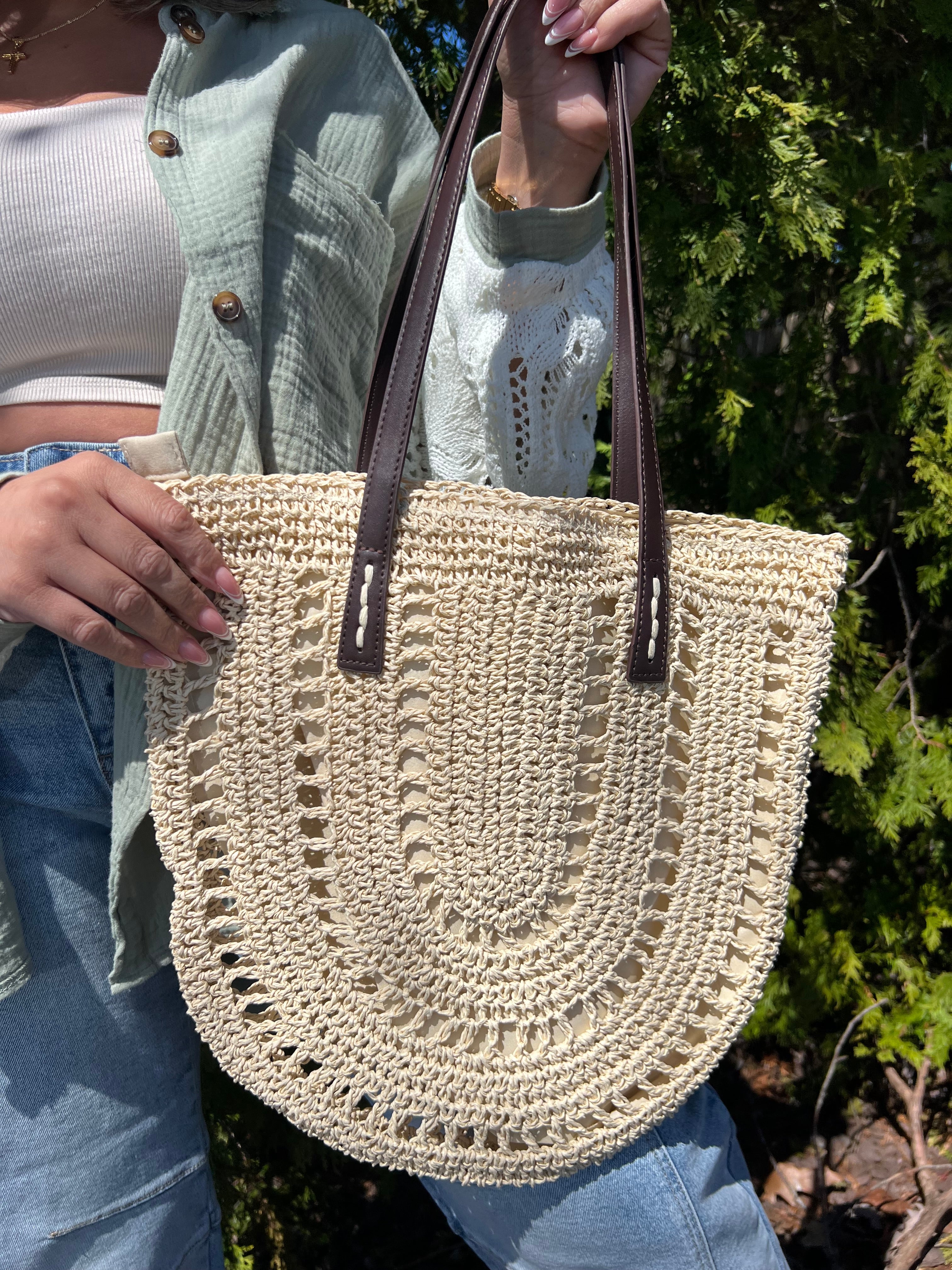 Light Beige Shoulder Bag with Brown Strap