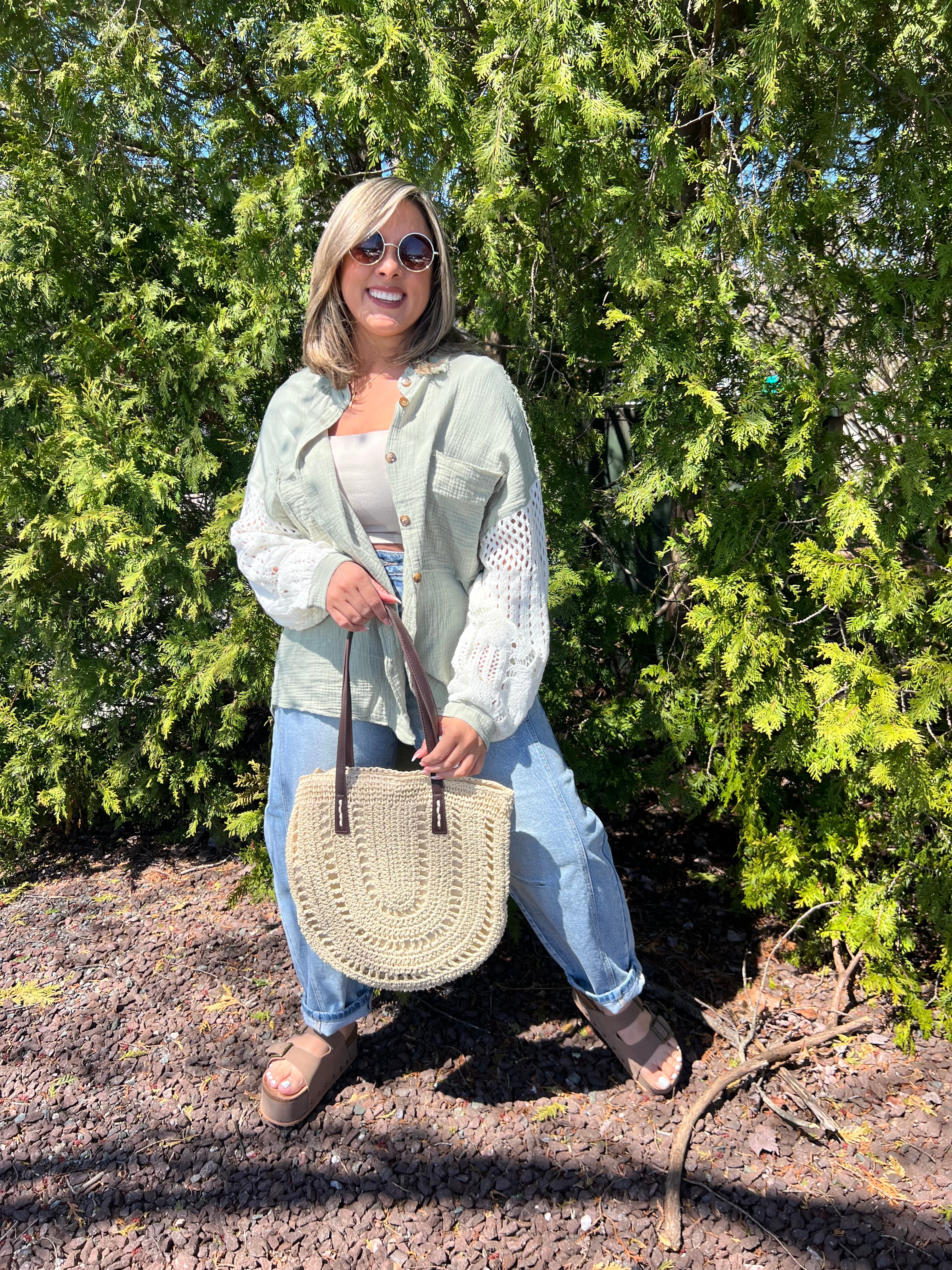 Light Beige Shoulder Bag with Brown Strap