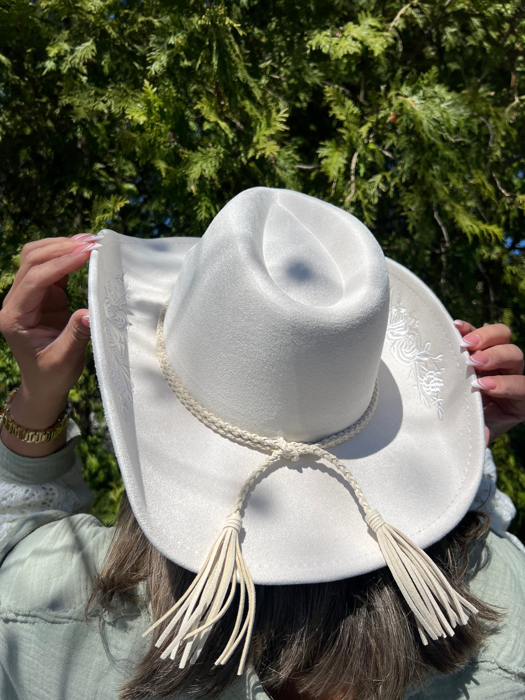 White Cowgirl Hat with Floral Details