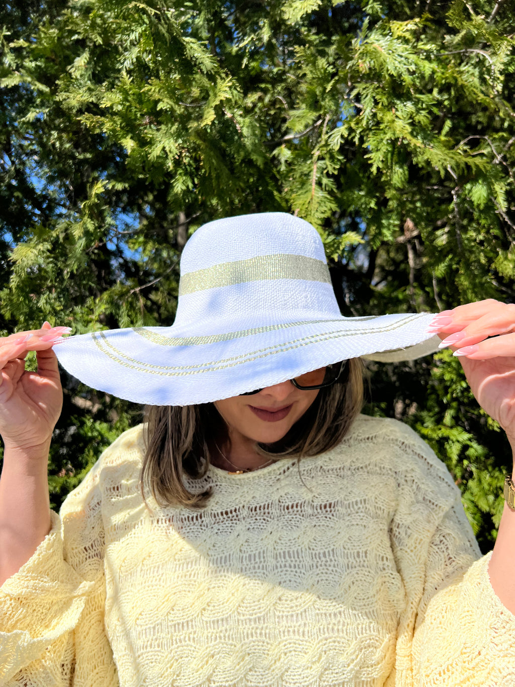 White Sun Hat with Gold Rim