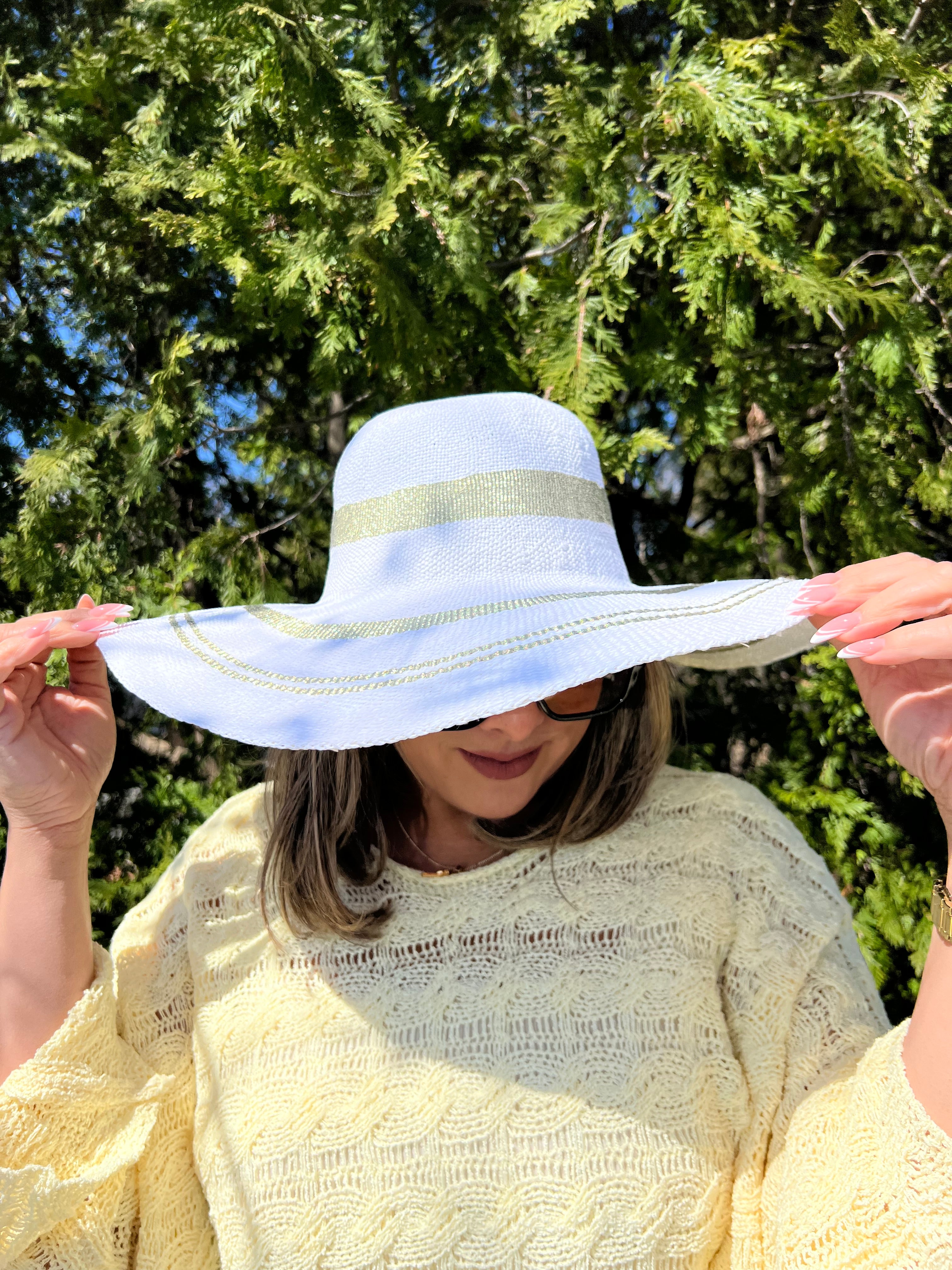 White Sun Hat with Gold Rim