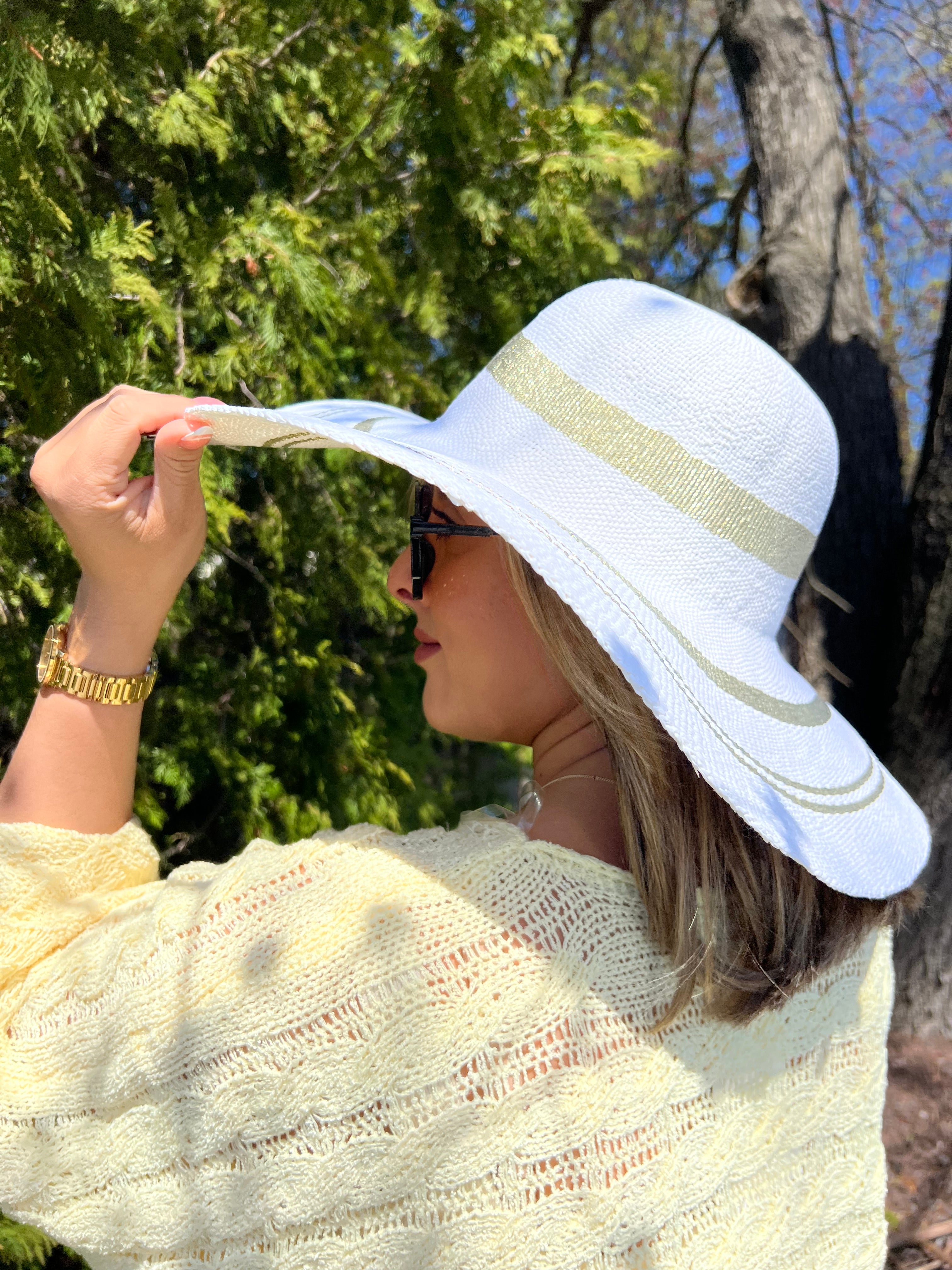 White Sun Hat with Gold Rim