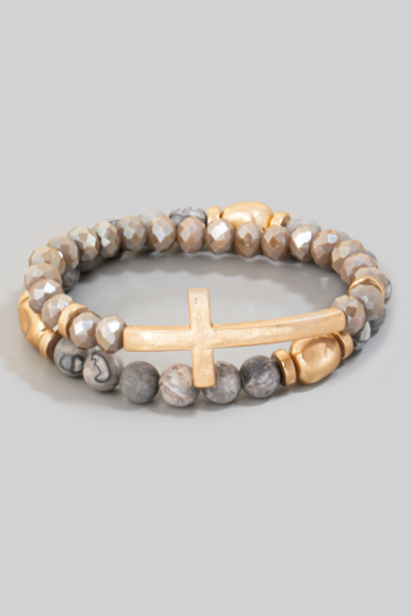 Cross Charm Stone Beaded Bracelet Set
