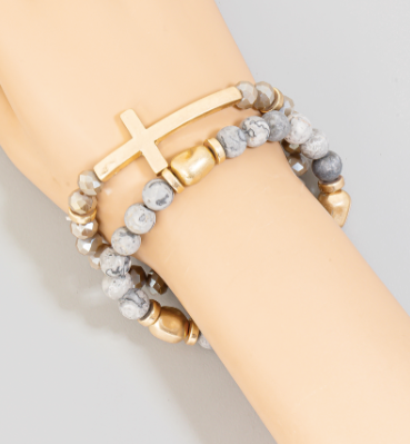 Cross Charm Stone Beaded Bracelet Set