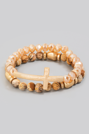 Cross Charm Stone Beaded Bracelet Set